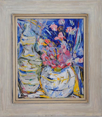 Sweet Peas in White Pot